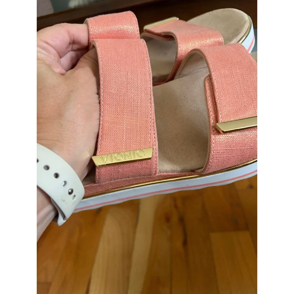 Womens Vionic Brandie Slide Platform Sandal Metallic Shine Coral Size 10
